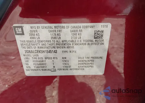 2017 Chevrolet Equinox Lt z USA, uszkodzony, nr VIN 2GNALCEK5H1545142